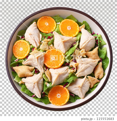 Chinese chicken salad elements over prepared bowl poached chicken mandarin oranges and crispy wontons tumbling 115551683