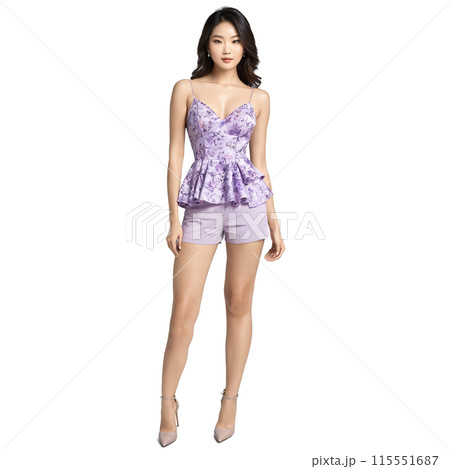 Floral Lavender Camisole on Petite Asian Woman A lavender camisole with a dainty floral print 115551687