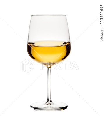 Iittala Essence Sweet Wine glass, clear lead-free glass, petite rounded bowl, golden dessert wine, syrupy consistency, extreme close-up, selective focus, bright white background 115551697