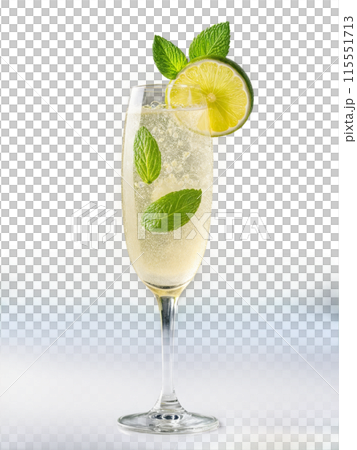 Hugo Tall slender glass with prosecco elderflower syrup mint and soda garnished with lime slice Hugo Tall slender glass with prosecco elderflower syrup mint and soda garnished with lime slice 115551713