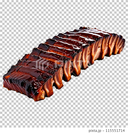 Baby back ribs rack intact glazed with barbecue sauce photographed from the side Baby back ribs rack intact glazed with barbecue sauce photographed from the side 115551714