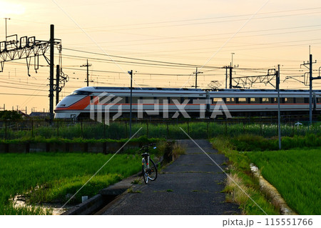 夕焼けの田園地帯を走るJR東武直通特急列車 夕焼けの田園地帯を走るJR東武直通特急列車 115551766