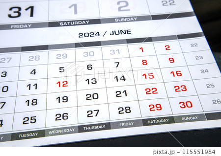 The page of the annual calendar for the month of June 2024. Resolution, strategy, decision, goal, business and holidays. Close-up The page of the annual calendar for the month of June 2024. Resolution, strategy, decision, goal, business and holidays. Close-up 115551984