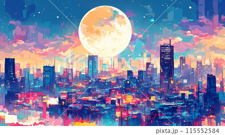 満月と夜景 115552584