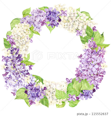 Watercolor lilac wreath. Round frame of spring pink, lavender, purple and white flowers. Wedding invitation template, save the date. Retro illustration for design in Provence or Rustic style. Watercolor lilac wreath. Round frame of spring pink, lavender, purple and white flowers. Wedding invitation template, save the date. Retro illustration for design in Provence or Rustic style. 115552637