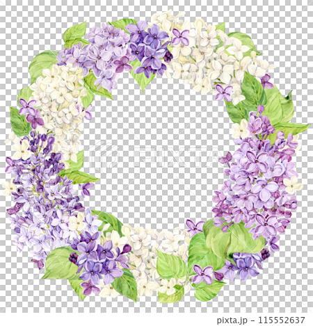 Watercolor lilac wreath. Round frame of spring pink, lavender, purple and white flowers. Wedding invitation template, save the date. Retro illustration for design in Provence or Rustic style. Watercolor lilac wreath. Round frame of spring pink, lavender, purple and white flowers. Wedding invitation template, save the date. Retro illustration for design in Provence or Rustic style. 115552637