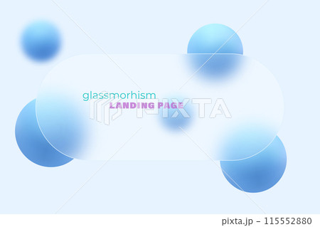 Website landing page template in glass morphism style. Horizontal presentation screen with the effect of glass overlay on blue spheres. 115552880