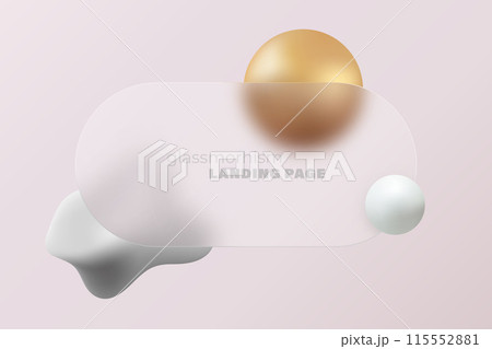 Website landing page template in glass morphism style. Horizontal presentation screen with the effect of glass overlay on gold and white spheres. 115552881