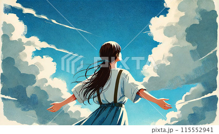 両手を広げ空を仰ぐ若い女性 両手を広げ空を仰ぐ若い女性 115552941