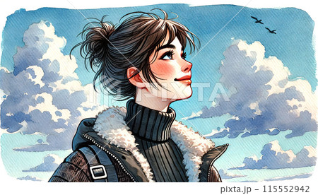 冬空を見上げる女性 115552942