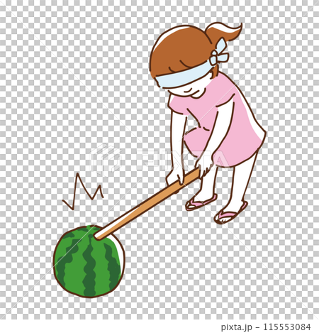 スイカ割りをする女の子の線画のイラスト スイカ割りをする女の子の線画のイラスト 115553084