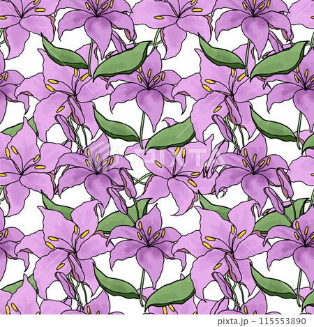 Lilly watercolor and line art flower seamless pattern for design of fabric, scrapbook, wallpaper. Delicate hand drawn vector background Lilly watercolor and line art flower seamless pattern for design of fabric, scrapbook, wallpaper. Delicate hand drawn vector background 115553890