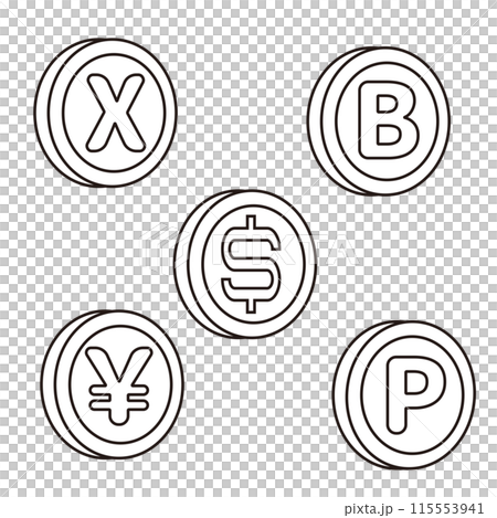 五種貨幣的插圖:日圓、美元、比特幣、瑞波幣和積分 五種貨幣的插圖:日圓、美元、比特幣、瑞波幣和積分 115553941