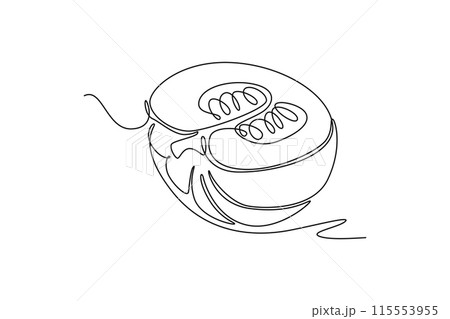 Single continuous line drawing half sliced healthy organic pumpkin for orchard logo identity. Fresh autumn fruitage concept for fruit garden. Dynamic one line draw graphic design vector illustration 115553955