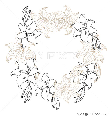 Lillie flower circle line art wreath for wedding card or invitations. Hand drawn vector illustration template. Lillie flower circle line art wreath for wedding card or invitations. Hand drawn vector illustration template. 115553972