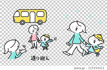 子供の幼稚園の送り迎えをする母親　見送る 115554311