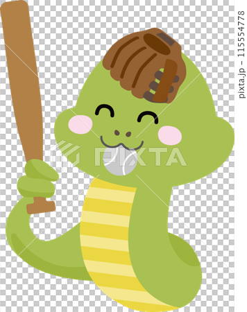 野球をプレーする笑顔のヘビのイラスト 115554778