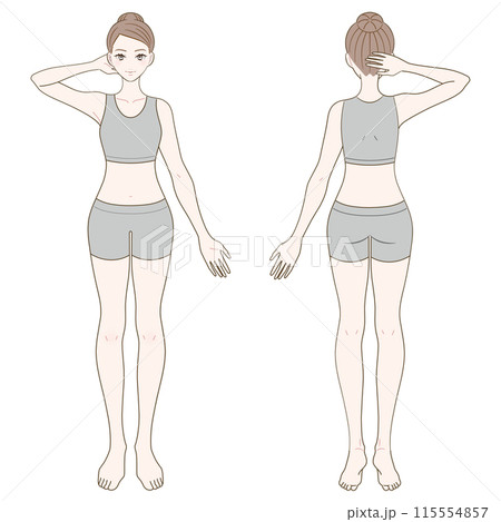 片手を上げた女性の全身図 前面背面セット 片手を上げた女性の全身図 前面背面セット 115554857