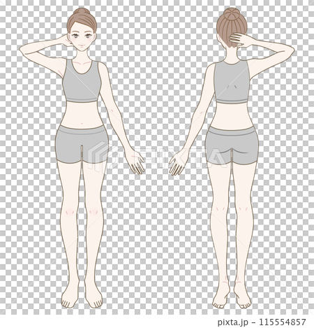 片手を上げた女性の全身図 前面背面セット 片手を上げた女性の全身図 前面背面セット 115554857