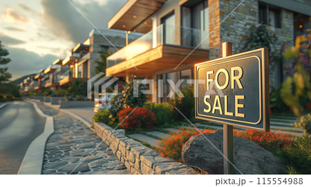 Modern Luxury Home For Sale. FOR SALE sign highlights row of upscale townhouses ready for new ownership 115554988