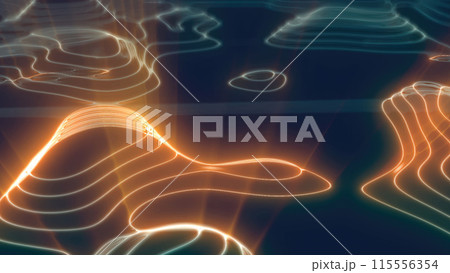 Yellow orange looped futuristic hi-tech landscape with mountains and canyons from glowing energy circles and magic lines. Abstract background Yellow orange looped futuristic hi-tech landscape with mountains and canyons from glowing energy circles and magic lines. Abstract background 115556354