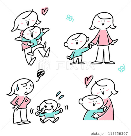 子育てをする母親と息子のセット 育児 抱きしめる ぐずる 子育てをする母親と息子のセット 育児 抱きしめる ぐずる 115556397