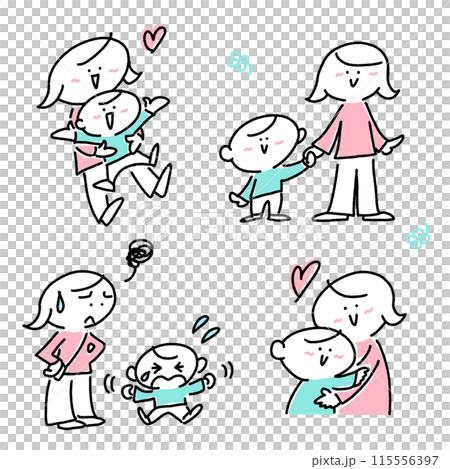 子育てをする母親と息子のセット 育児 抱きしめる ぐずる 子育てをする母親と息子のセット 育児 抱きしめる ぐずる 115556397