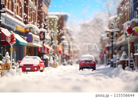 American toy town street view at snowy winter day, neural network generated image 115556644