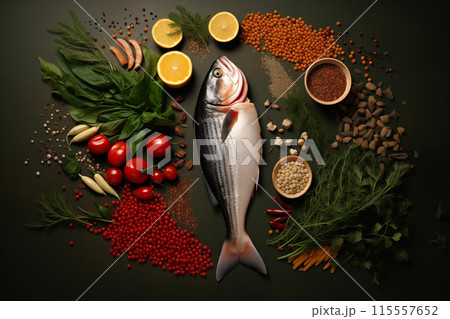 Healthy food background with fish Healthy food background with fish 115557652