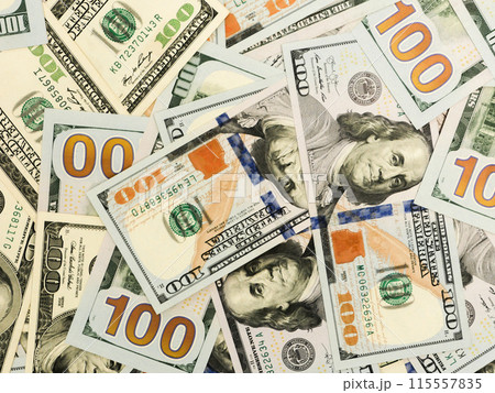 Background of 100 dollar bills, top view. 115557835