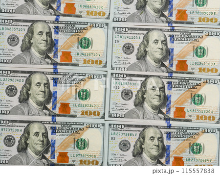 Background of 100 dollar bills, top view. 115557838