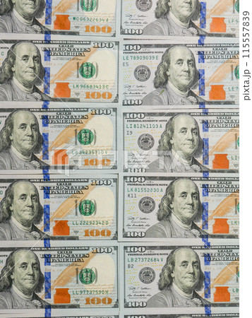 Paper 100 dollar American dollars top view. 115557839