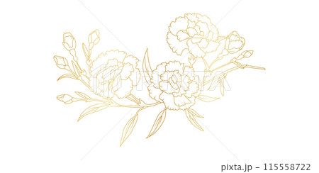 Golden carnation flowers line art isolated on white background. Luxury floral design elements for invitation, wedding, wallpaper, print template, vector illustration Golden carnation flowers line art isolated on white background. Luxury floral design elements for invitation, wedding, wallpaper, print template, vector illustration 115558722