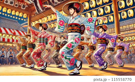 お祭りので女踊りを踊る女達 115558770