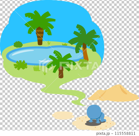 A man who sees a vision of an oasis in the desert 115558811