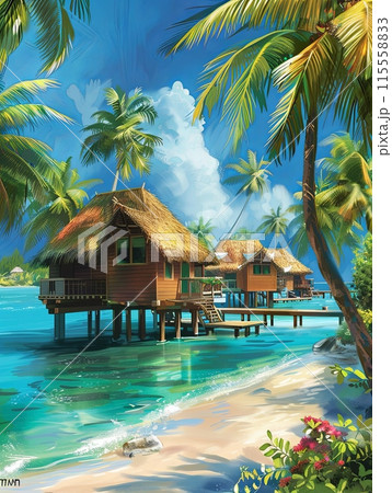 A painting depicting a tropical island with palm trees, beachfront bungalows, and an azure sea. Generative AI 115558833