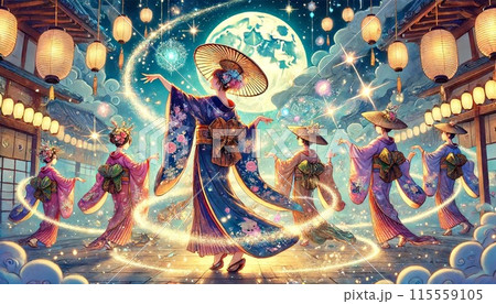 お祭りで阿波踊りを踊る女性達 115559105