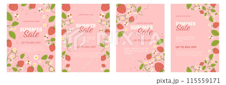 Set of four summer sale posters with a pink background, decorated with strawberries, bees, and flowers. The posters advertise a limited-time offer with discounts. Set of four summer sale posters with a pink background, decorated with strawberries, bees, and flowers. The posters advertise a limited-time offer with discounts. 115559171