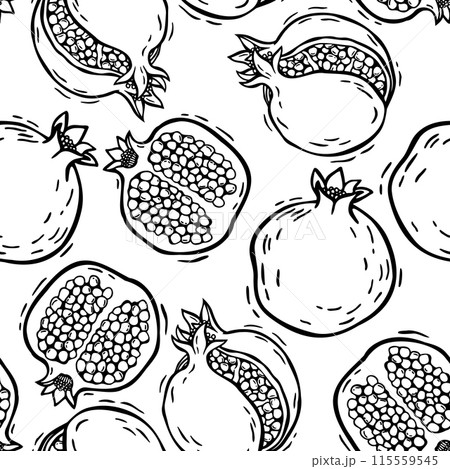 Pattern of different pomegranate fruits. Vector botanical black and white pattern in linocut style on a white background. Pattern for packaging design of products and cosmetics, textiles, wallpaper 115559545