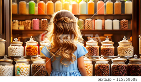 Back View of a Cute Little Girl Standing in Front of a Candy Shop - Generative Ai 115559688
