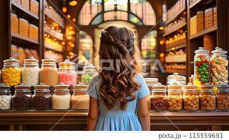 Back View of a Cute Little Girl Standing in Front of a Candy Shop - Generative Ai Back View of a Cute Little Girl Standing in Front of a Candy Shop - Generative Ai 115559691