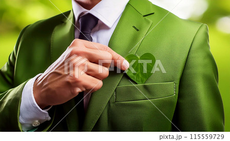 Businessman Putting a Heart-Shaped Green Leaf in His Pocket - Generative Ai 115559729