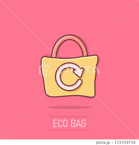 Eco bag icon in comic style. Ecobag cartoon vector illustration on isolated background. Reusable shopper splash effect sign business concept. 115559738