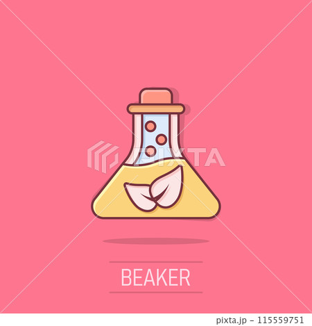 Chemistry glass icon in flat style. Lab flask with leaf vector illustration on isolated background. Nature analysis sign business concept. 115559751