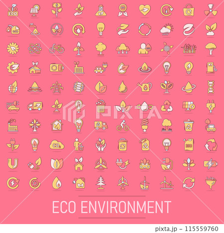 Eco environment icons set in comic style. Ecology cartoon vector illustration on isolated background. Bio emblem splash effect sign business concept. 115559760