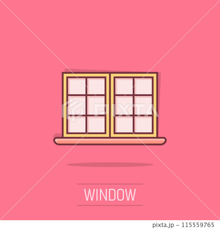 Window icon in comic style. Casement cartoon vector illustration on isolated background. House interior splash effect sign business concept. 115559765
