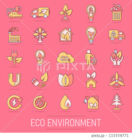 Eco environment icons set in comic style. Ecology cartoon vector illustration on isolated background. Bio emblem splash effect sign business concept. 115559771