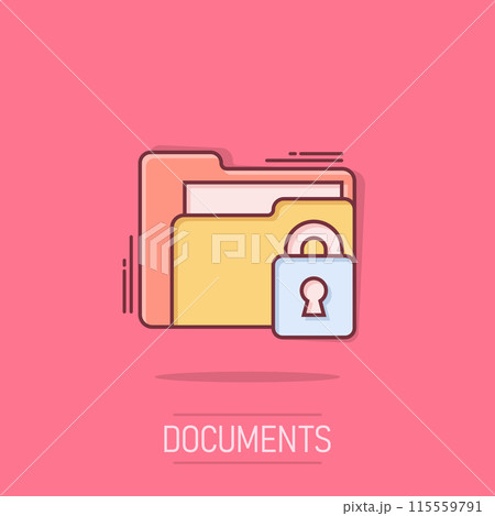 Files folder permission icon in comic style. Document access cartoon vector illustration on isolated background. Secret archive splash effect sign business concept. Files folder permission icon in comic style. Document access cartoon vector illustration on isolated background. Secret archive splash effect sign business concept. 115559791