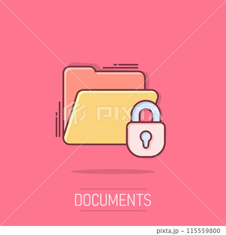 Files folder permission icon in comic style. Document access cartoon vector illustration on isolated background. Secret archive splash effect sign business concept. Files folder permission icon in comic style. Document access cartoon vector illustration on isolated background. Secret archive splash effect sign business concept. 115559800