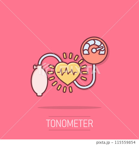 Arterial blood pressure icon in comic style. Heartbeat monitor cartoon vector illustration on isolated background. Pulse diagnosis splash effect sign business concept. Arterial blood pressure icon in comic style. Heartbeat monitor cartoon vector illustration on isolated background. Pulse diagnosis splash effect sign business concept. 115559854